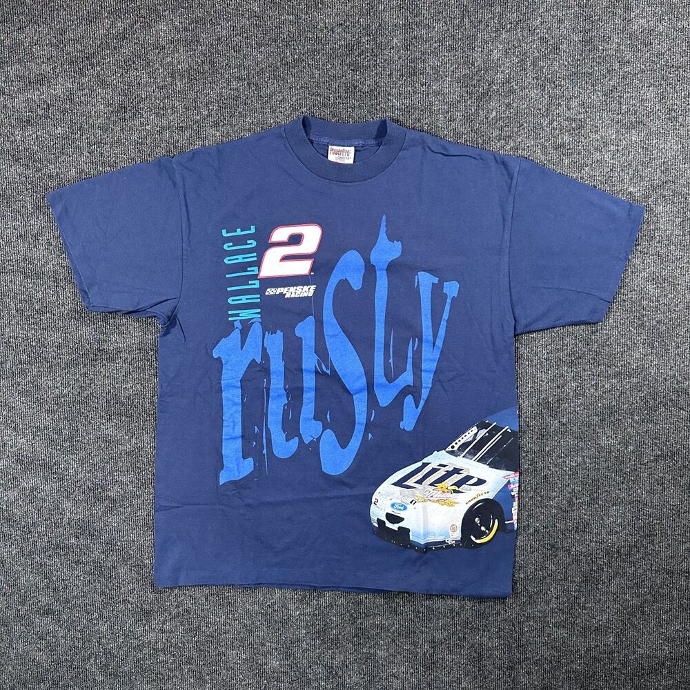 Vintage 90s Oneita Power Pro Rusty Wallace #2 Blue Mens XL T-Shirt Nascar AOP